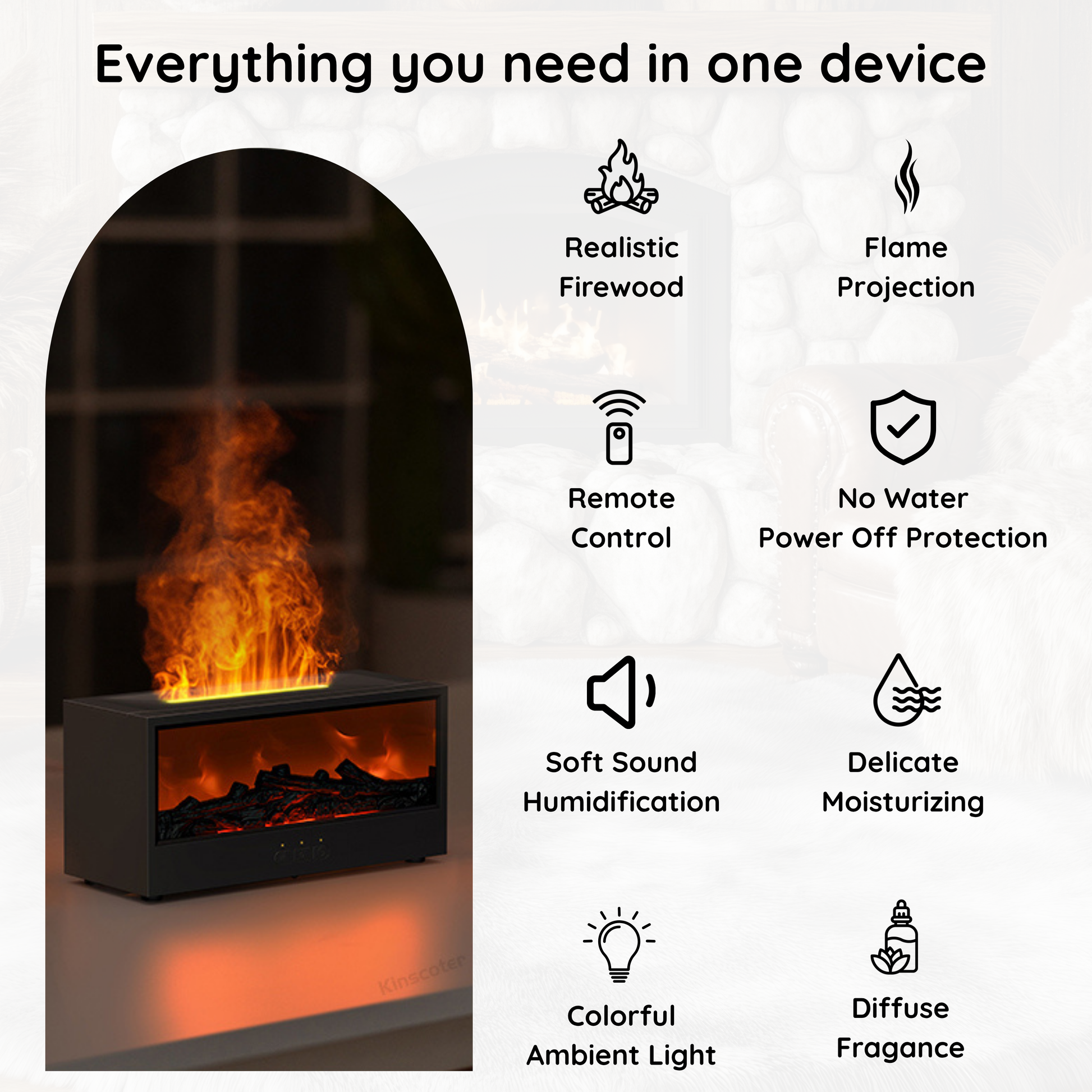 Cozy Flame Diffuser features - humidifier, aromatherapy, LED lights, remote control